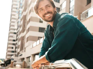 handsome man smiling outdoors